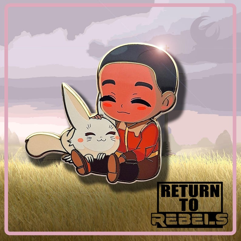 May include: A pin featuring a cartoon character in a red and brown outfit, hugging a white and tan creature with large ears. The pin has a gold border and the text "RETURN TO REBELS" in a black box.