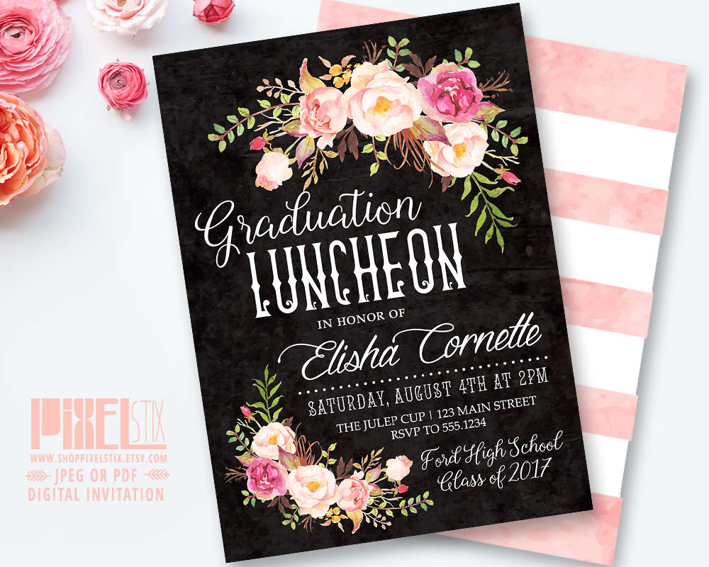 Boho Graduation Luncheon Invitation Floral Chalkboard Etsy