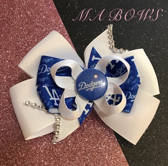 Girls Hair Bow 4/" Wide Dodgers Baseball White//Blue Grosgrain French Barrette
