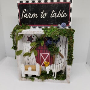 Glass less Mini Shadow Box. Farm Scene. Barn, Zebra. Moss. Bale of hay. Gifts.
