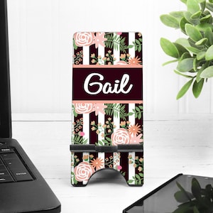 Floral Stripe Cell Phone Stand. Custom  Phone Stand, floral phone stand, Gift for teacher, iphone holder, cell phone holder, charging stand