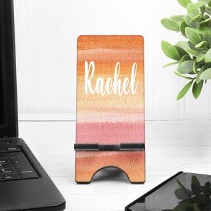 Gold, Rose Gold Ombre Lines Cell Phone Stand. Name or Monogram! Cell phones, Iphone dock for Desk, Nightstands, Kitchen Counters!