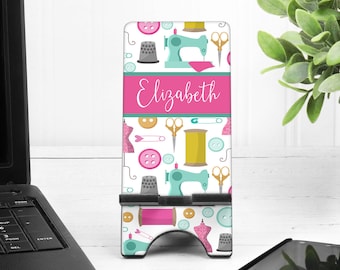 Sewing theme Phone Stand. personalized Seamstress gift. Custom Sewing party favors.