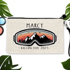 Ski Party Linen Make up bag. Personalized Ski Bachelorette or Girls Weekend Favors. Ski weekend Retro Bag. 70s theme Ski Party Bags!
