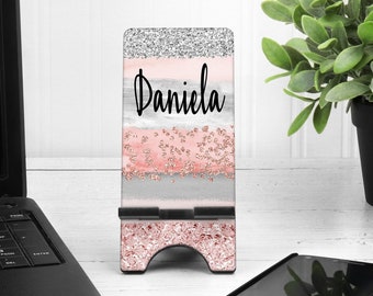 Blush and Gray Strokes Phone Stand. Custom Phone stand! Teacher gift! Birthday Party favors! Gift for mom, sister, daughter! Rose Gold!