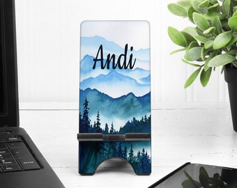 Mountain Scene Phone Stand. Personalized nature lover gift! Naturalist Gift. Hiker, Rick Climber, rappelling Gift