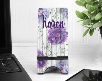 Purple Floral Cell Phone Stand. Custom Phone Stand, floral phone stand, Gift for teacher, Great custom birthday gift! Graduation gift!