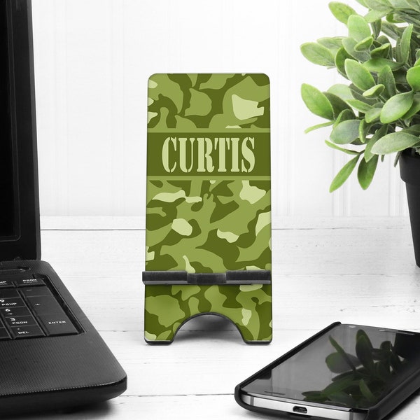 Camo Cell Phone Stand. Guys Phone Stand, Great hunter gift. Custom Army Brother, Husband, son gift. Personalized Army theme gift