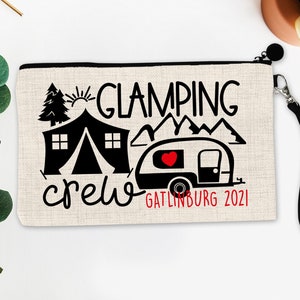 Glamping Linen Make up bag. Personalized Glamping Bachelorette or Girls Weekend Favors. Glamping Cosmetic Bag. Bridesmaid Proposal Gifts!