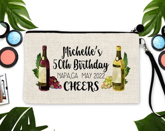 Personalized Wine Theme Linen Makeup Bag, Napa Bachelorette Favor
