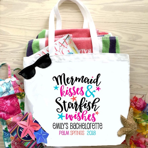 Large Mermaid Kisses Beach Tote bag. Beach Bachelorette or Birthday Tote.Mermaid Party Beach Bag. Miami, Key West Wedding Weekend Beach Bag!