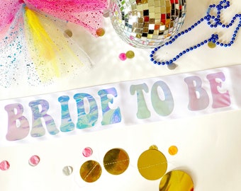 Disco Bride 4" vinyl Satin Sash. Glitter or holographic Bachelorette Sash!