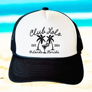 Social Club Trucker Hats | beach Birthday Hat | Beach Bachelorette or Birthday party favors | Coastal Party hats | Beach Club