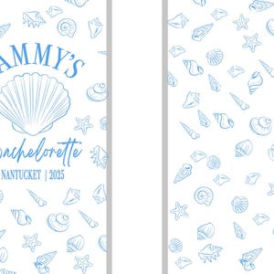 May include: A white rectangular card featuring a light blue pattern of various seashells and starfish. The left side displays the text SAMMY'S Bachelorette NANTUCKET | 2025 above a large central scallop shell illustration in light blue ink.