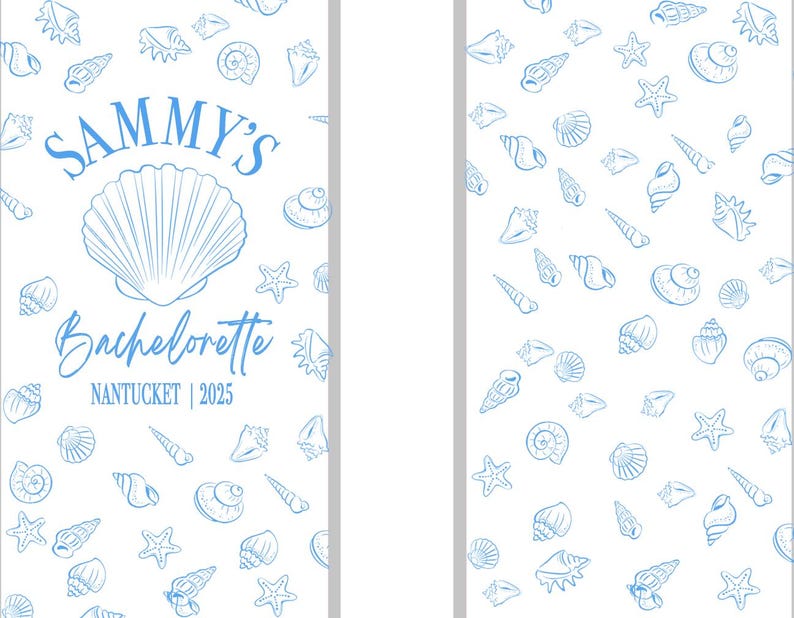 May include: A white rectangular card featuring a light blue pattern of various seashells and starfish. The left side displays the text SAMMY'S Bachelorette NANTUCKET | 2025 above a large central scallop shell illustration in light blue ink.