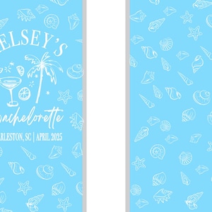 May include: A light blue rectangular banner featuring a white repeating pattern of seashells and starfish. The left side displays white text reading KELSEY'S Bachelorette CHARLESTON, SC | APRIL 2025, accompanied by a white graphic of a palm tree and cocktail.