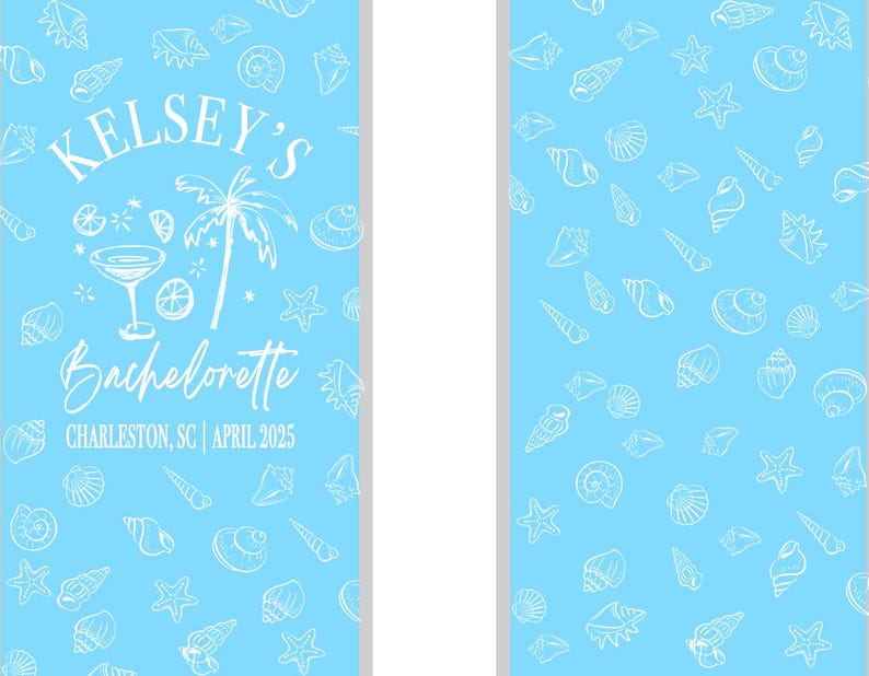 May include: A light blue rectangular banner featuring a white repeating pattern of seashells and starfish. The left side displays white text reading KELSEY'S Bachelorette CHARLESTON, SC | APRIL 2025, accompanied by a white graphic of a palm tree and cocktail.