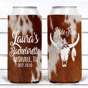 Western Cowhide Bachelorette or Birthday Slim Can Favors. Personalized Austin or Nashville Party. Custom Colorado Western Wedding Favors.