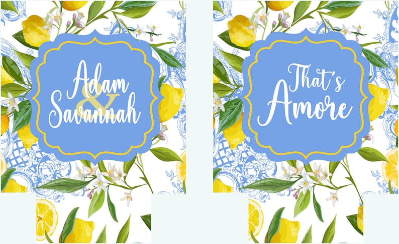Puede incluir: Dos cajas de regalo de boda azules y doradas con un patr&oacute;n de limonero. Una caja dice "Adam & Savannah" y la otra dice "That's Amore".
