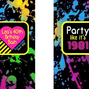 May include: A black and white invitation with neon pink, blue, and yellow paint splatters. The text reads "Lea's 40th Birthday Bash Rosemary Beach April 2021" and "Party like it's 1981".