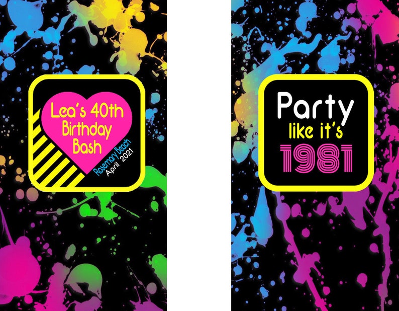May include: A black and white invitation with neon pink, blue, and yellow paint splatters. The text reads "Lea's 40th Birthday Bash Rosemary Beach April 2021" and "Party like it's 1981".