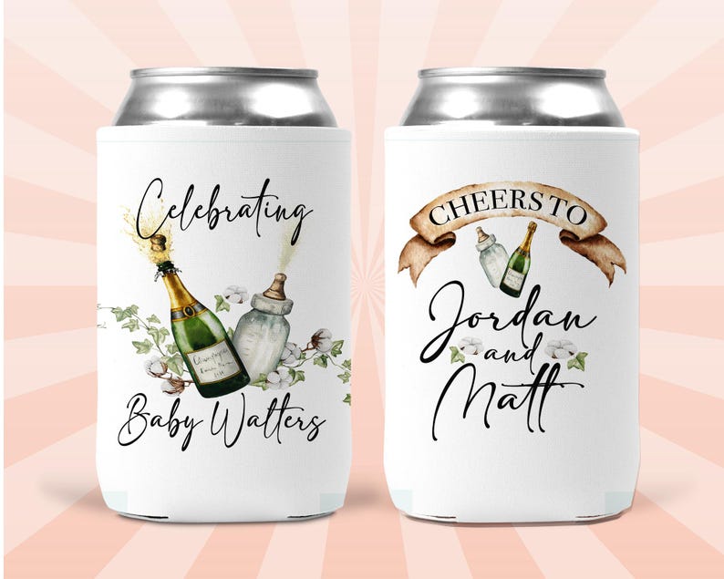 Puede incluir: Dos neveras de bebidas blancas con un dise&ntilde;o que presenta botellas de champ&aacute;n, biberones y detalles florales. El texto en las neveras dice "Celebrating Baby Watters" y "Cheers to Jordan and Matt".