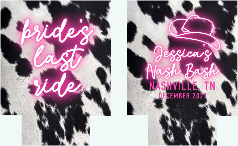 Western Cowhide Bachelorette or Birthday Slim Can Favors. Personalized Austin or Nashville Party. Custom Neon Disco Cowgirl Party Favors. image 5
