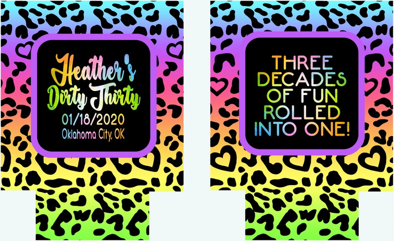 Puede incluir: Un colorido recuerdo de fiesta con un fondo de estampado de leopardo en tonos de azul, rosa, amarillo y verde. El dise&ntilde;o incluye el texto "Heather's Dirty Thirty" y "Three Decades of Fun Rolled Into One!"