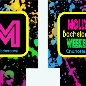 May include: Two black can coolers with a neon paint splatter design. One cooler has a pink "M" with the text "#bashbeforebeene" below. The other cooler has the text "MOLLY'S Bachelorette WEEKEND Charlotte, NC".