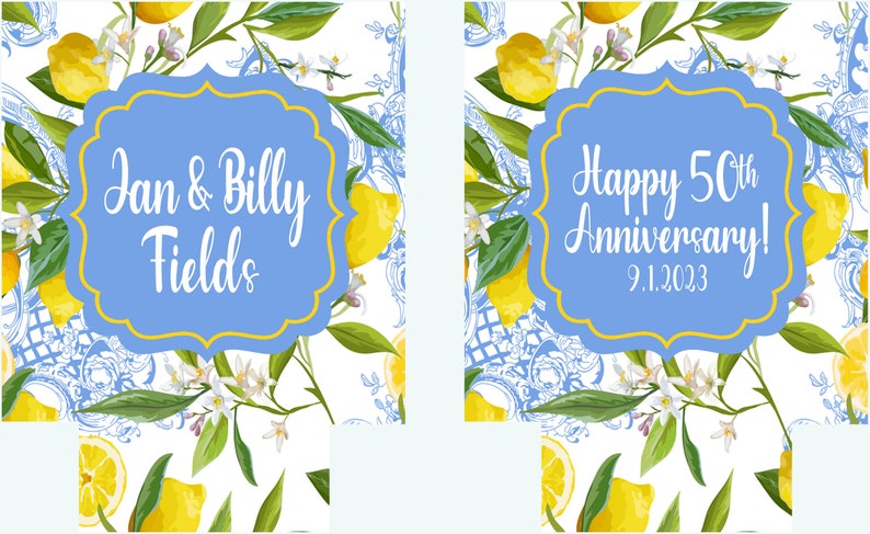 Puede incluir: Dos etiquetas enmarcadas en azul y dorado con dise&ntilde;os de limoneros. La etiqueta de la izquierda dice "Jan & Billy Fields". La etiqueta de la derecha dice "Feliz 50 aniversario! 9.1.2023".