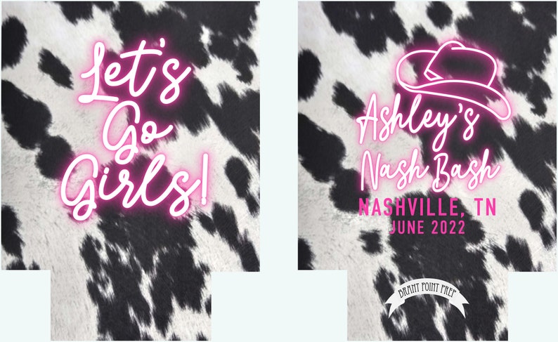 Western Cowhide Bachelorette or Birthday Slim Can Favors. Personalized Austin or Nashville Party. Custom Neon Disco Cowgirl Party Favors. image 8