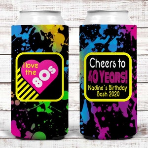 80's Theme Party Huggers. Slim Can 80's Birthday or Bachelorette Huggers. Retro Birthday Coolies. 80's Prom Party favors!