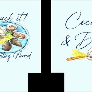 May include: A blue and white wedding announcement with the text "Shuck it! They're getting married" and an illustration of oysters on a plate. The second half of the announcement has the text "Cecily & Drew" and an illustration of an oyster with a lemon wedge and a knife.