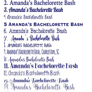 以下が含まれることがあります： 白い背景に青いテキストで「Amanda's Bachelorette Bash」というフレーズのための16種類のフォントのリスト。リストは1から16まで番号が付けられています。