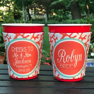 Coral Wedding or Bachelorette Huggers. Personalized Beach Bachelorette Solo Cup Coolies.  Monogram Beach Huggers. Coral Beach Party Favors!