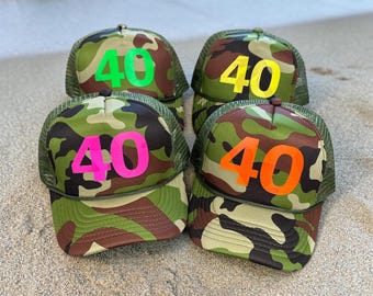 Trucker Hats | custom Birthday Hat | Bachelorette party favors | Camo hats.