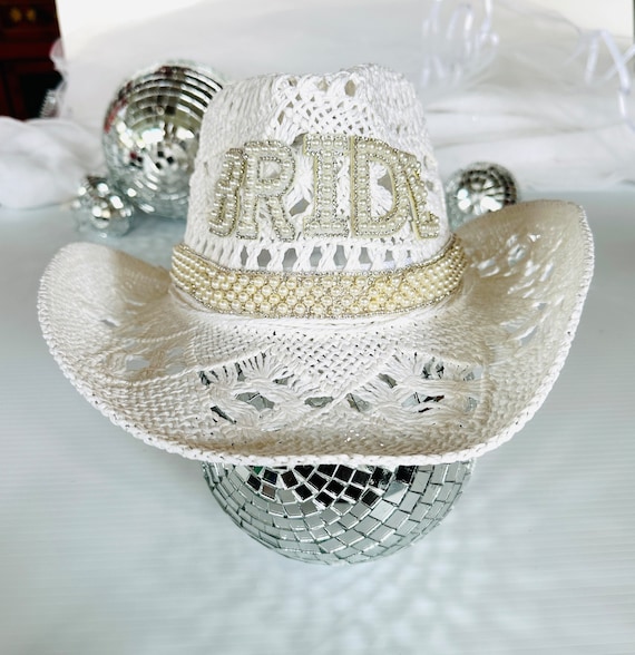 White Felt Cowgirl Hat with Rhinestone Bride & Veil - Bachelorette Party Delphinus Bridal Cowboy Hat, Bronzing Bride Cowgirl White  main image 2