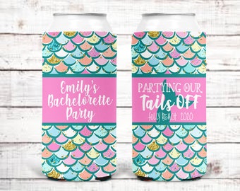 Mermaid Party huggers. Skinny can Mermaid party favors. Mermaid Birthday or Bachelorette Party Favors. Beach bachelorette party!