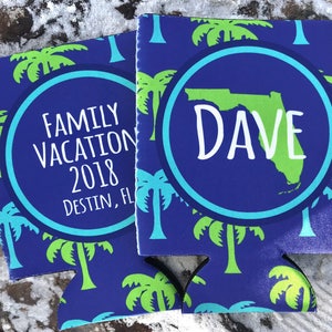Palm Tree Vacation Huggers. Bachelorette or Birthday Beach Can Coolies. Beach Wedding Party Favors.Personalized Family vacation Huggers!