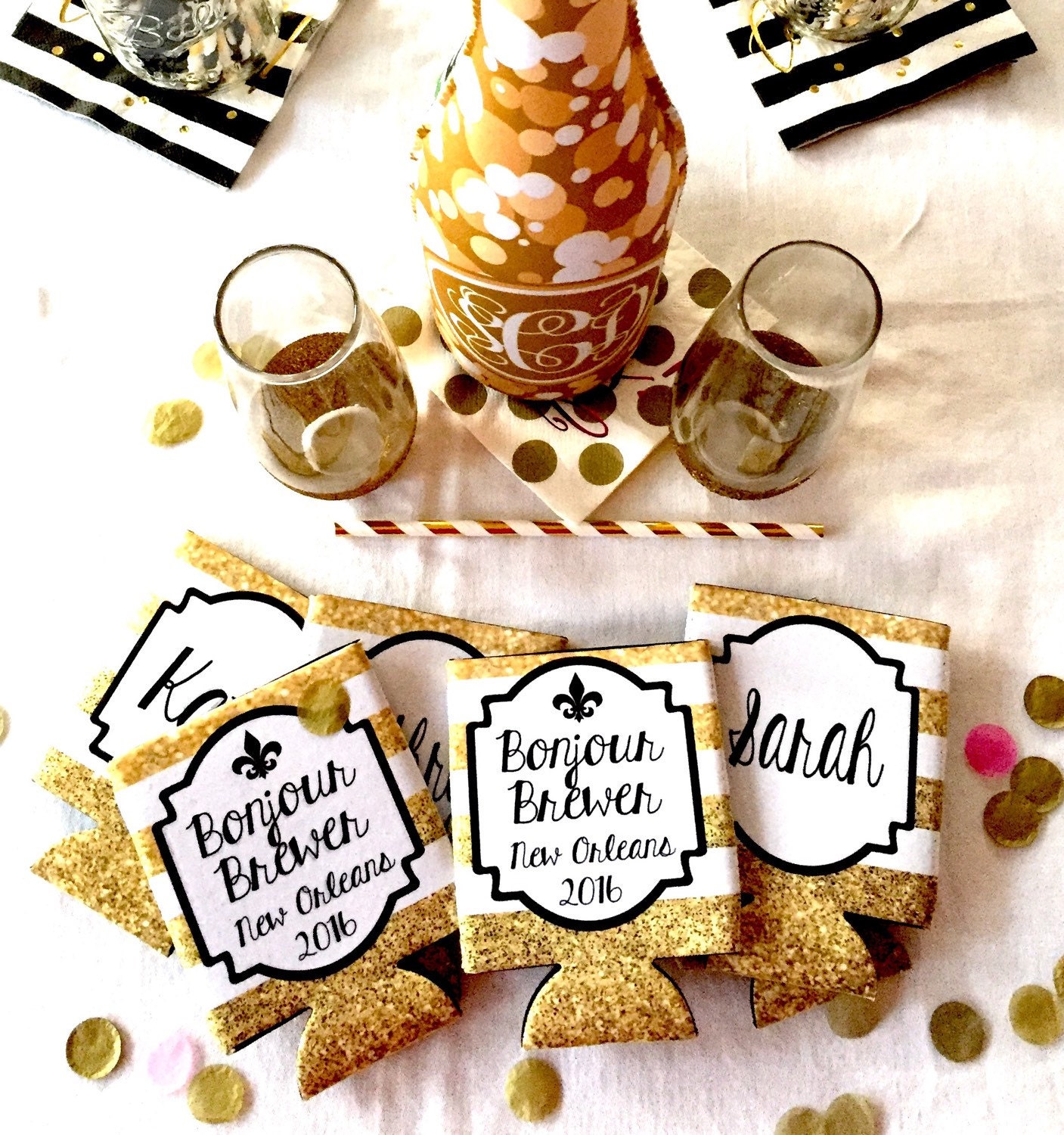 New Orleans Gold glitter Coolies. NOLA Etsy