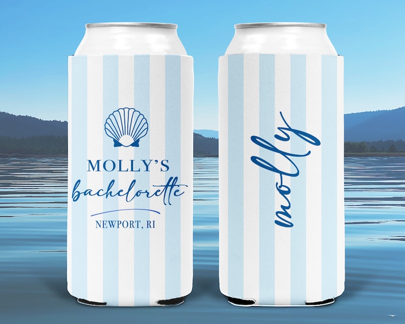 May include: Two white aluminum can coolers with a blue and white striped pattern. One cooler features a seashell graphic and text that reads "Molly's bachelorette Newport, RI". The other cooler has the name "Molly" in cursive.