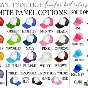 May include: A graphic showcasing various trucker hat color options. The hats are displayed in multiple colors, including red, green, blue, pink, black, orange, and gold. Text indicates child sizes are available in select colors.