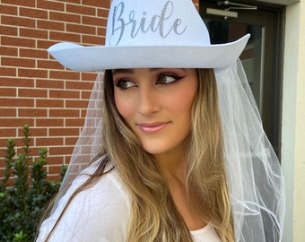 7363 Bride Cowgirl Hat With Veil, Bachelorette Cowboy Hat, Glasses, Earring - JUSTOTRY Cowgirl Hat With Veil - Bride To Be Bachelorette  main image 4