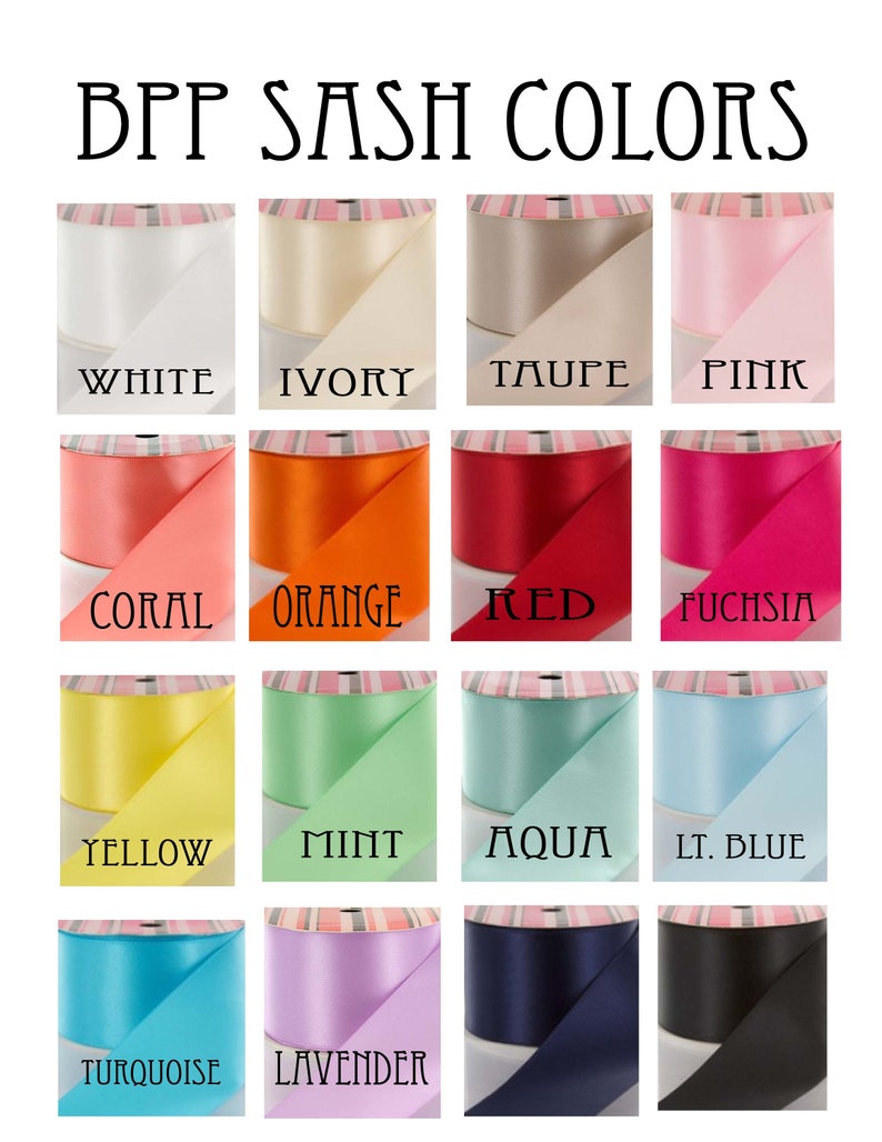 Puede incluir: Un gr&aacute;fico que muestra 12 colores diferentes de cinta de sat&eacute;n, etiquetados con el nombre del color. Los colores son: blanco, marfil, topo, rosa, coral, naranja, rojo, fucsia, amarillo, menta, aguamarina, azul claro, turquesa, lavanda, azul marino y negro.