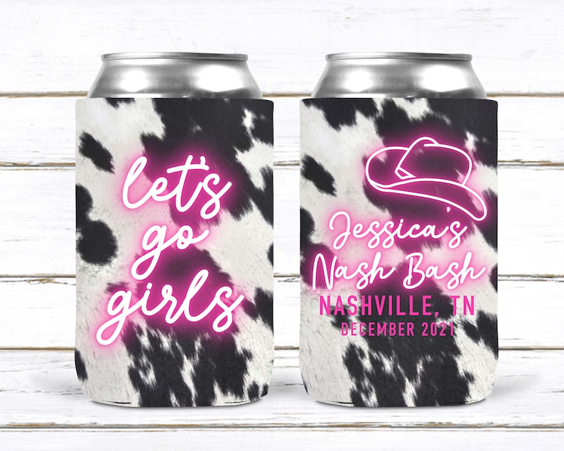 Western Cowhide Bachelorette or Birthday Slim Can Favors. Personalized Austin or Nashville Party. Custom Neon Disco Cowgirl Party Favors. image 1