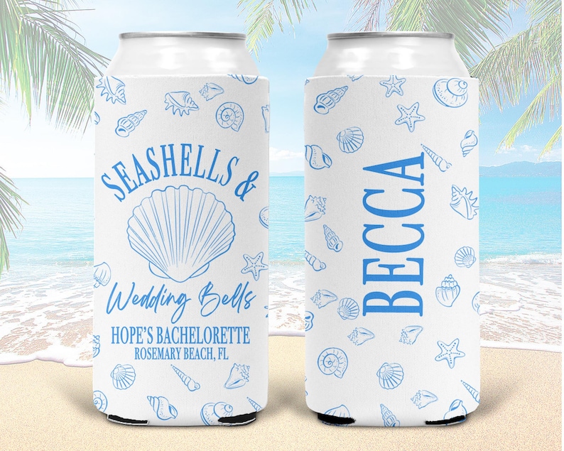 May include: Two white foam can coolers featuring a blue seashell pattern. The left cooler displays the text SEASHELLS & Wedding Bells, HOPE'S BACHELORETTE, ROSEMARY BEACH, FL. The right cooler features the name BECCA printed vertically in blue.