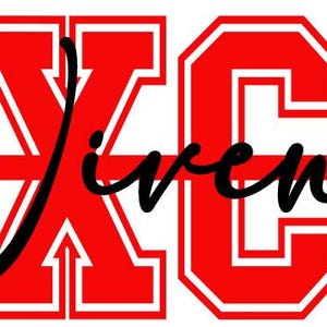 May include: A red and white graphic with the text "XC Vixen" in a stylized font. The "XC" is in a bold, blocky font, and the word "Vixen" is in a cursive script. An arrow design is on the left.