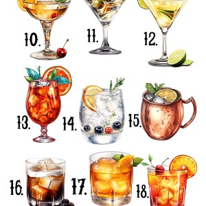 May include: A set of 18 illustrated cocktail drink images. The drinks are in various glasses and mugs, with garnishes like cherries, olives, lime wedges, and orange slices.