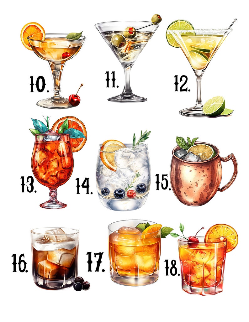 May include: A set of 18 illustrated cocktail drink images. The drinks are in various glasses and mugs, with garnishes like cherries, olives, lime wedges, and orange slices.