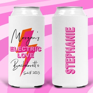 Electric Love Party Huggers. Slim Can Party. Personalized Bachelorette Party favors. Birthday Party Favors! Pink and Orange favors.